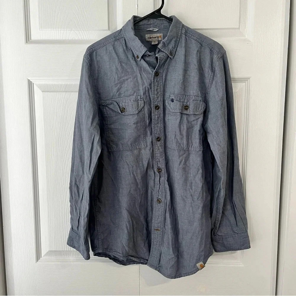 Carhartt Mens Small Blue Long Sleeve Button Up Work Shirt Relaxed Fit
